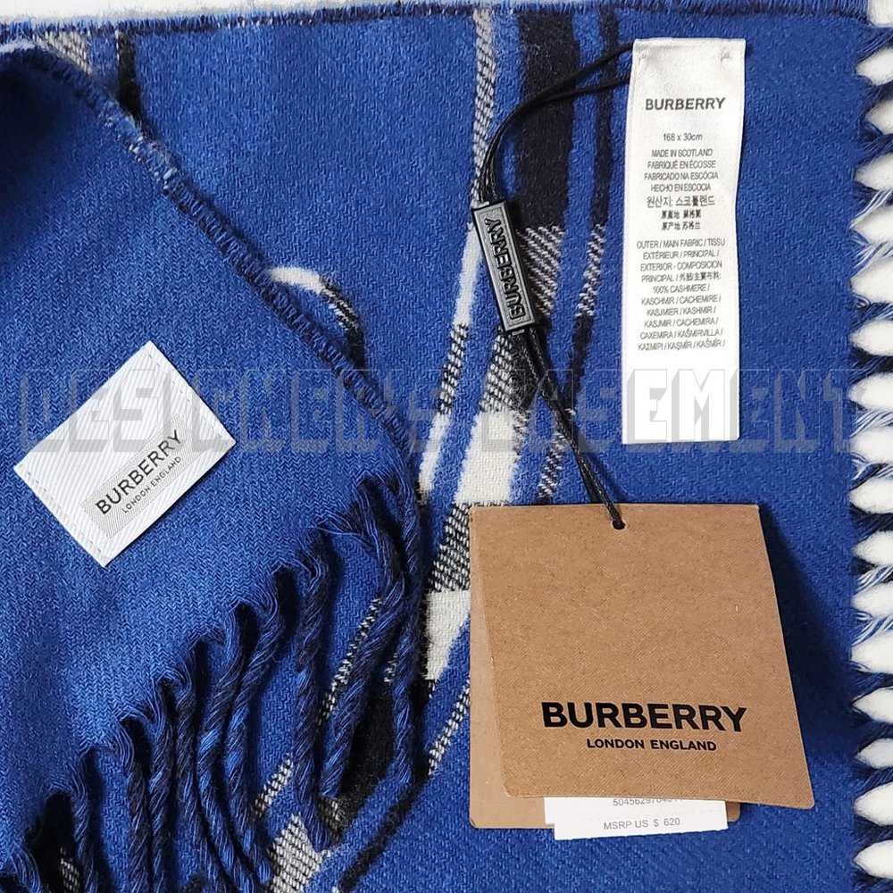 BURBERRY gray ROUNDEL GIANT CHECK reversible to blue LOGO Cashmere 12x66" Scarf - Picture 5 of 7